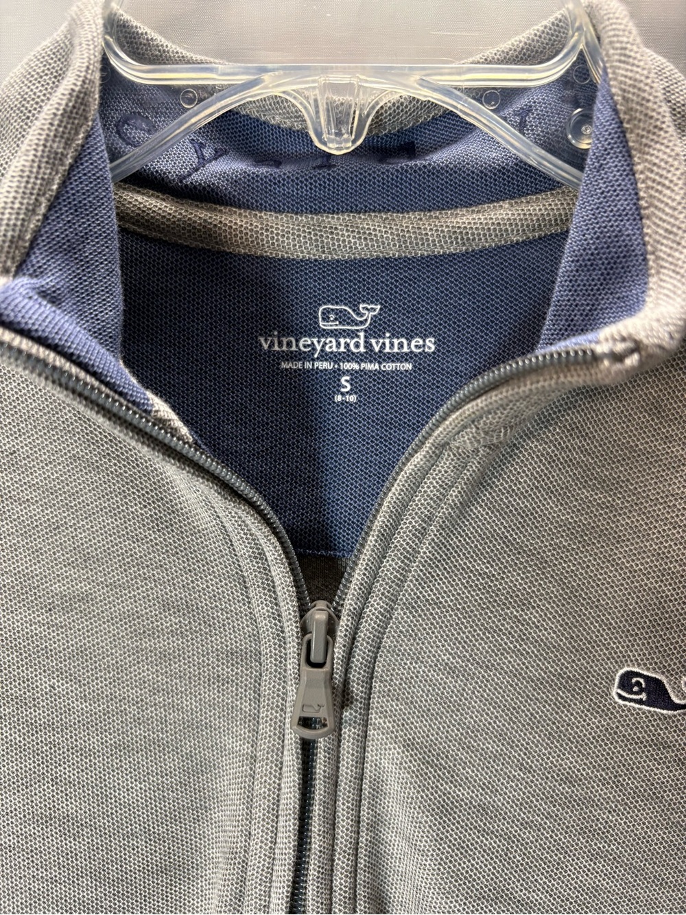 Vineyard Vines Light Gray quarter zip with Navy Lining